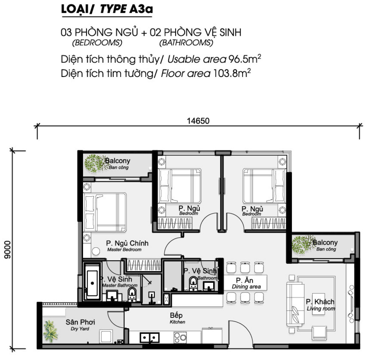 Layout căn hộ 3 phòng ngủ 103.8m² phân khu Diamond Alnata Plus Celadon City