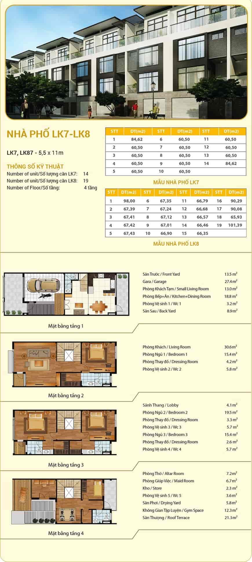 Thông số layout nhà phố Hà Đô Centrosa Garden loại LK7, LK8 (5,5x11m)