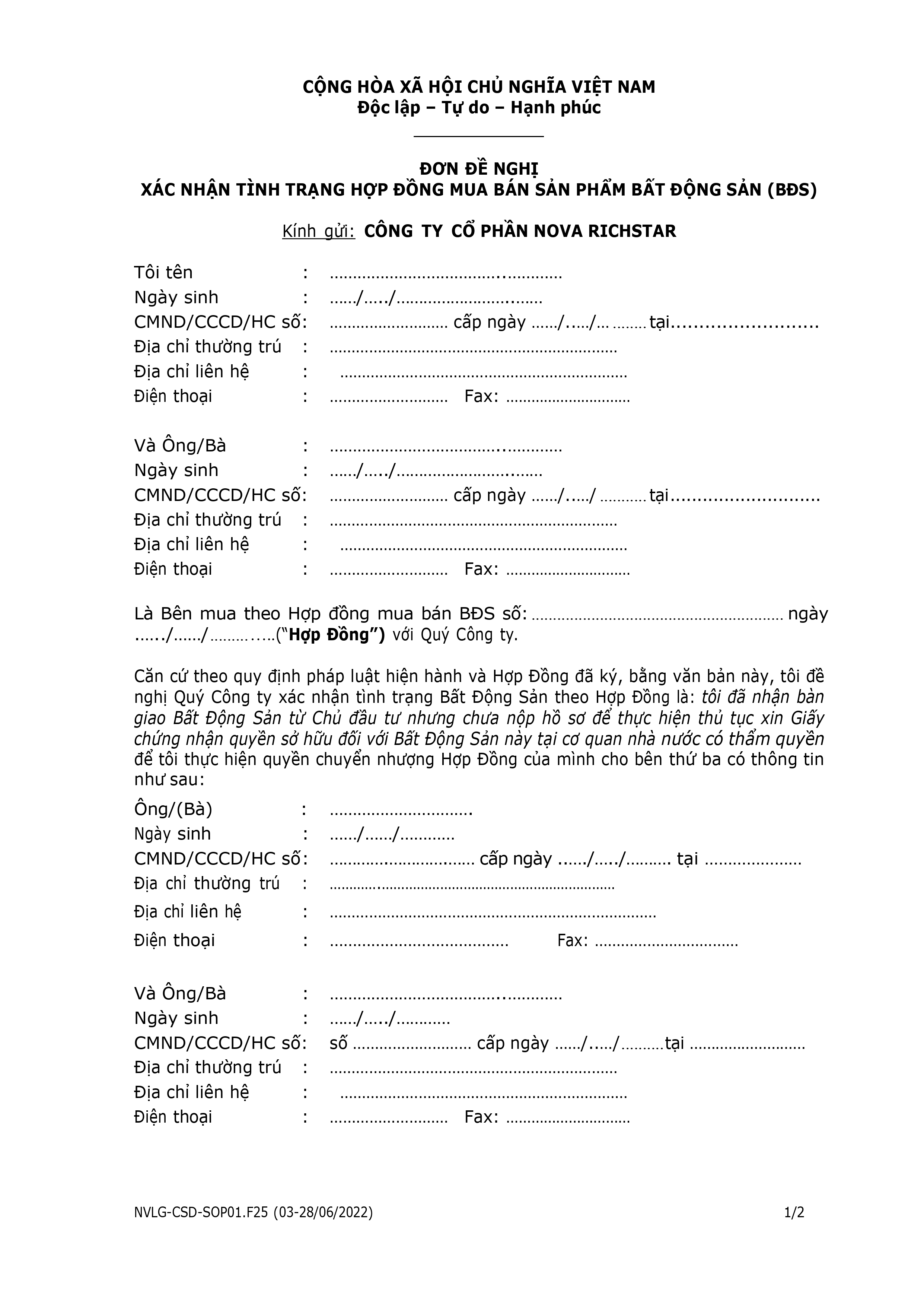 Mẫu đơn đề nghị x&aacute;c nhận t&igrave;nh trạng hợp đồng mua b&aacute;n bất động sản Richstar Novaland