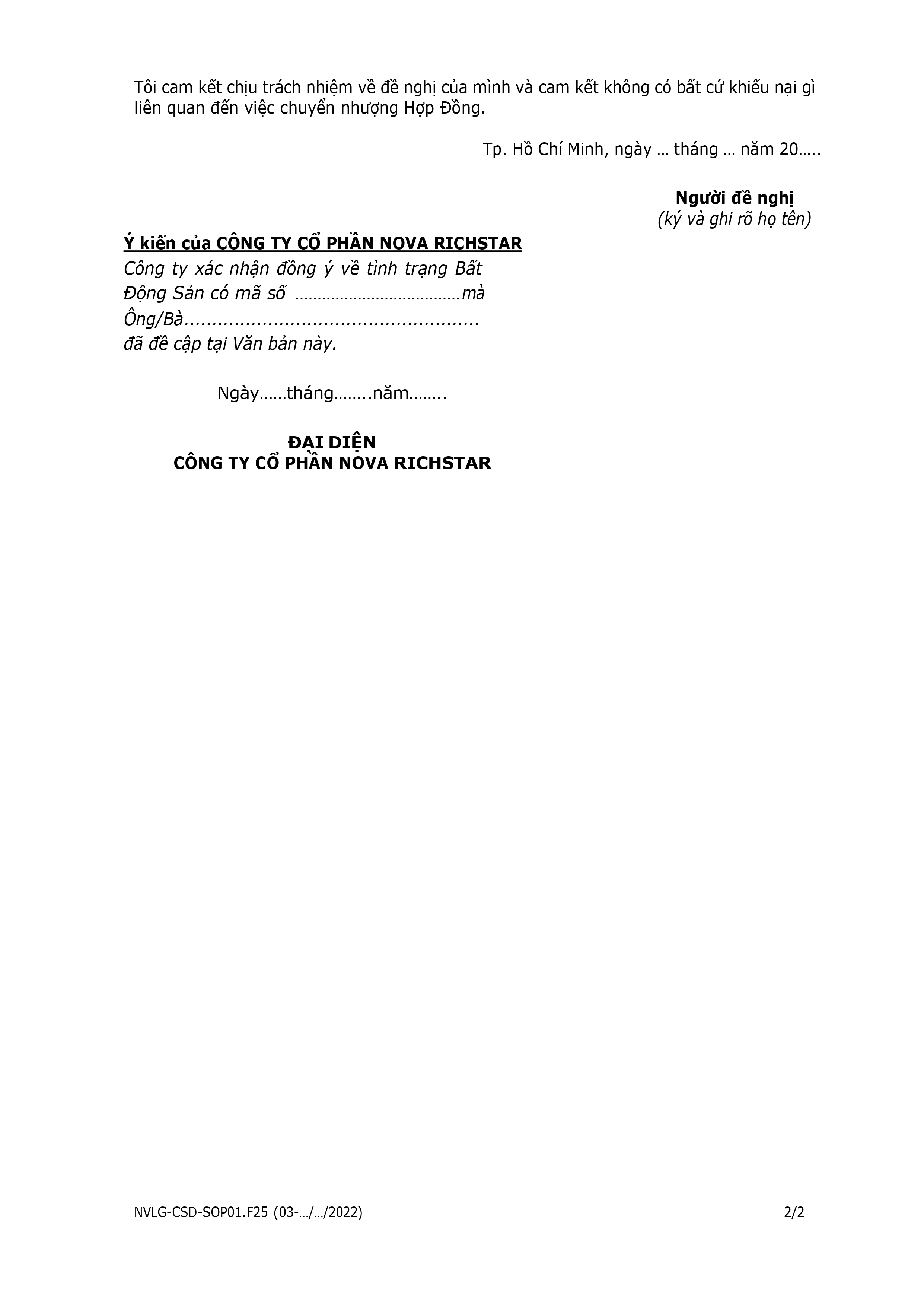 Mẫu đơn đề nghị x&aacute;c nhận t&igrave;nh trạng hợp đồng mua b&aacute;n bất động sản Richstar Novaland