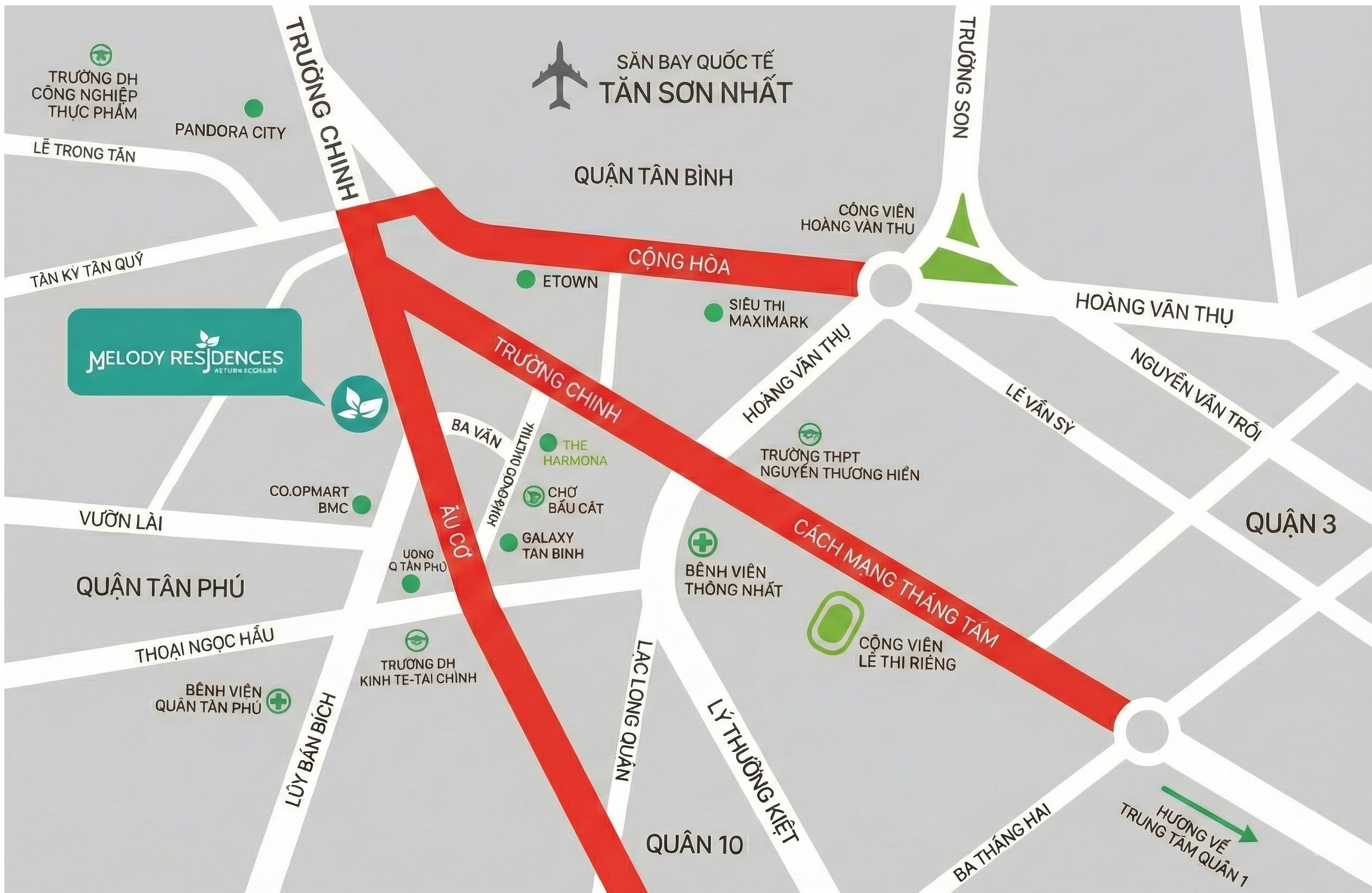 Sơ đồ vị tr&iacute; v&agrave; kết nối v&ugrave;ng của dự &aacute;n Chung cư Melody Residences &Acirc;u Cơ