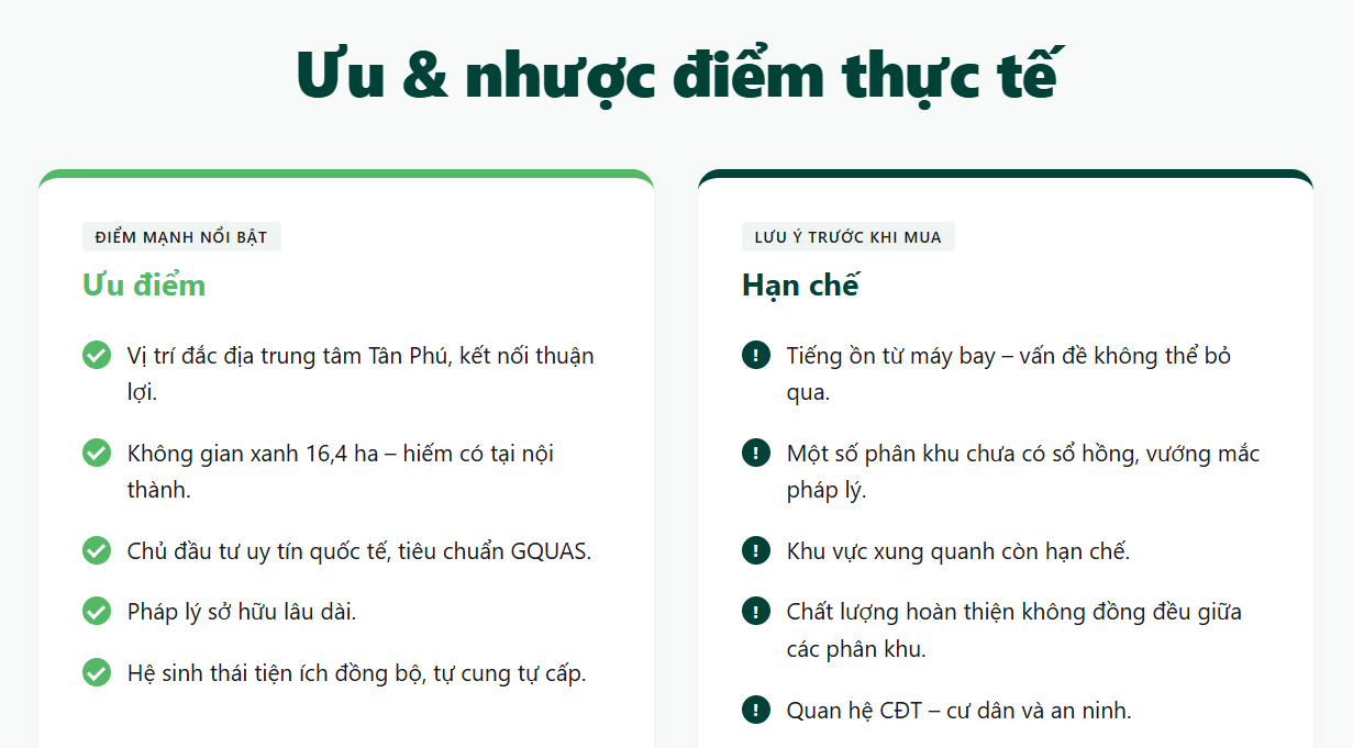 Bảng t&oacute;m tắt ưu nhược điểm Celadon City dạng so s&aacute;nh 2 cột, gồm c&aacute;c ti&ecirc;u ch&iacute; an cư/đầu tư như kh&ocirc;ng gian xanh, tiện &iacute;ch, ph&aacute;p l&yacute;, v&agrave; c&aacute;c rủi ro cần c&acirc;n nhắc như tiếng ồn m&aacute;y bay, sổ hồng theo ph&acirc;n khu, chất lượng ho&agrave;n thiện.