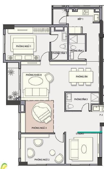 Layout căn hộ A1 - 3PN + 1, diện tích 110m² dự án Valéo Đầm Sen