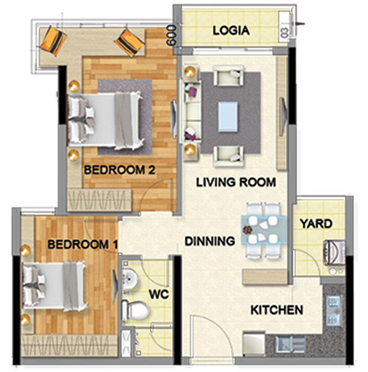 Layout căn hộ 2 phòng ngủ 66.4m² phân khu Emerald Celadon City