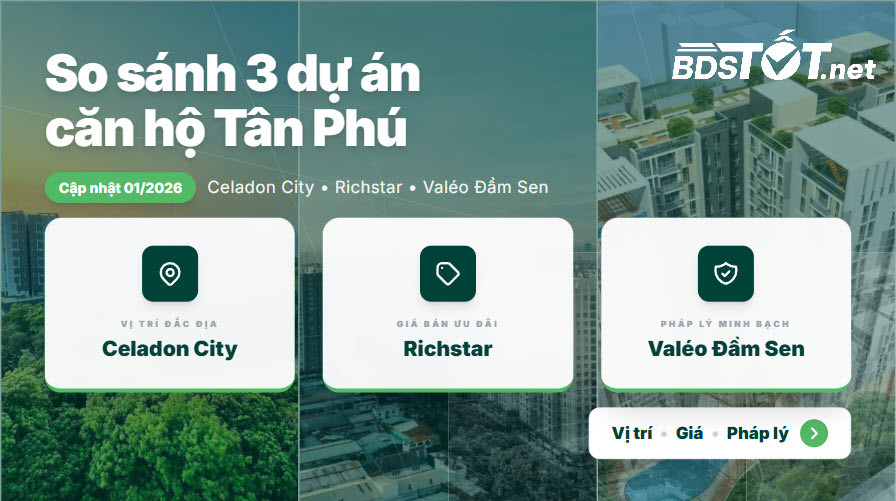 So sánh Celadon City, Richstar và Valéo Đầm Sen theo 7 tiêu chí, cập nhật 01/2026