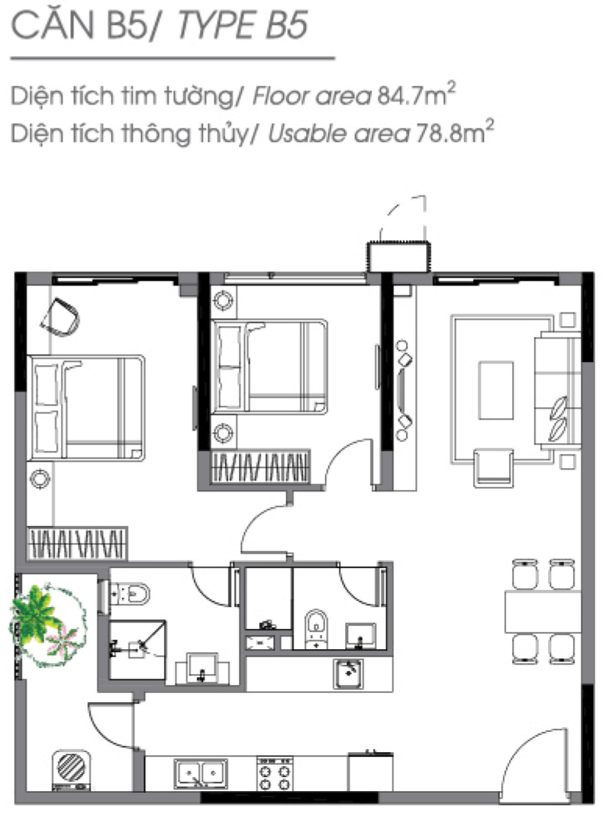 Layout căn hộ 2 phòng ngủ 84.7m² phân khu Diamond Alnata Celadon City